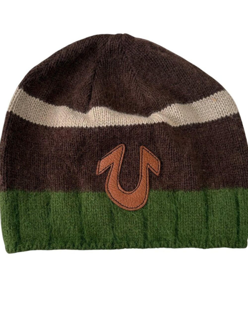 Vintage Y2K True Religion Beanie Hat Brown Green Striped Angora Cashmere Skater
